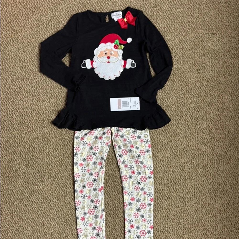 Rare Editions Black Santa Top with Red Bow Accent and snowflake pants - Picture 1 of 10